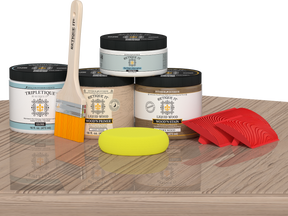 Retique It® Wood'n Finish Kit in French Oak for interior top coat, featuring a multi-purpose wood finishing set on a table.