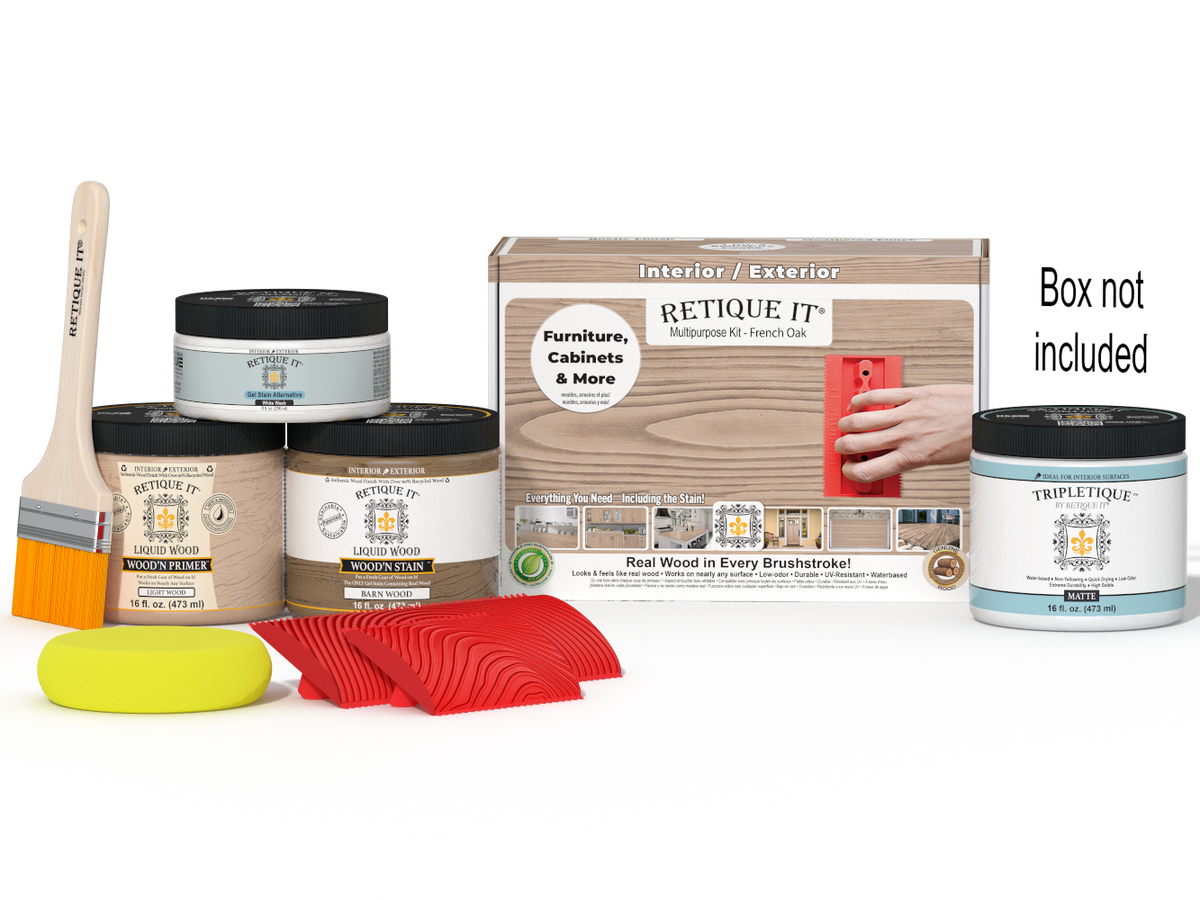 Retique It® Wood'n Kit Medium French Oak interior top coat with applicator brush and finishing supplies in a box.