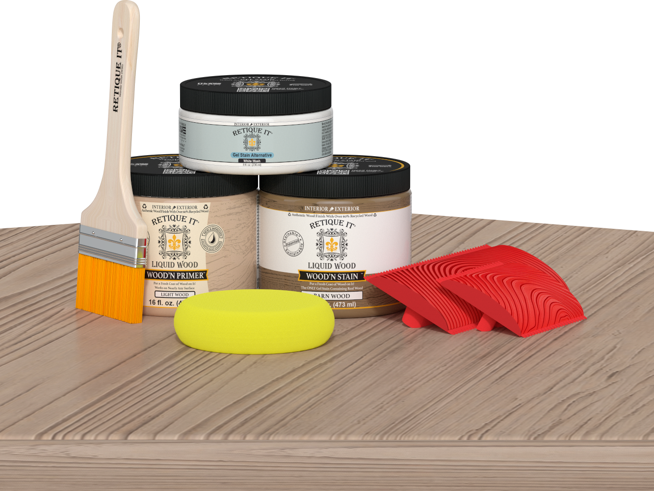 Multi-purpose Wood'n Kit in French oak by Retique It® on a table, showing wood finish and application tools included.