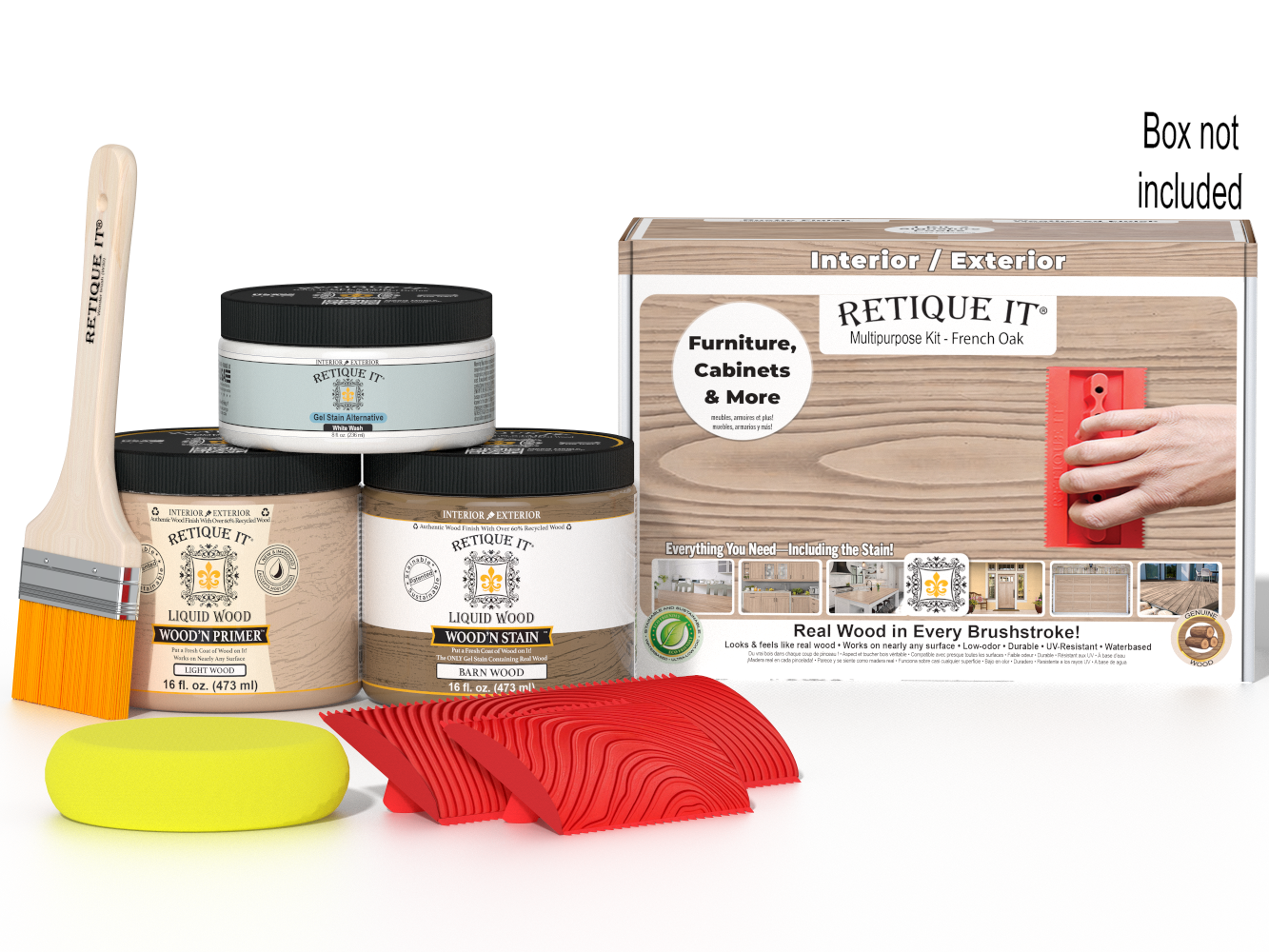 Multi-purpose Wood'n Kit in French oak by Retique It® showing a box with wood finish supplies for furniture restoration.