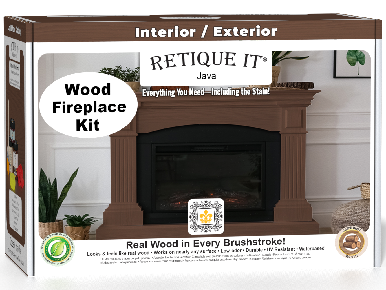 Retique It® Fireplace Wood'n Finish Kit in Java, a stain set for full fireplace restoration, shown in its box with stain bottles.