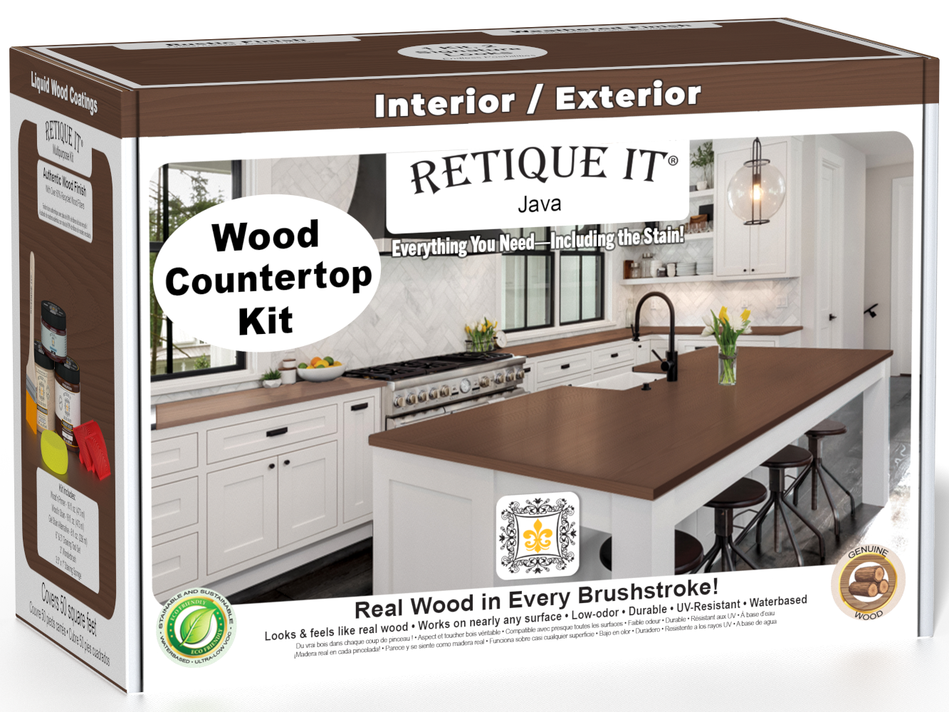 Retique It® Java countertop kit for kitchen island with stain products, featuring a box of stains for countertop refinishing.