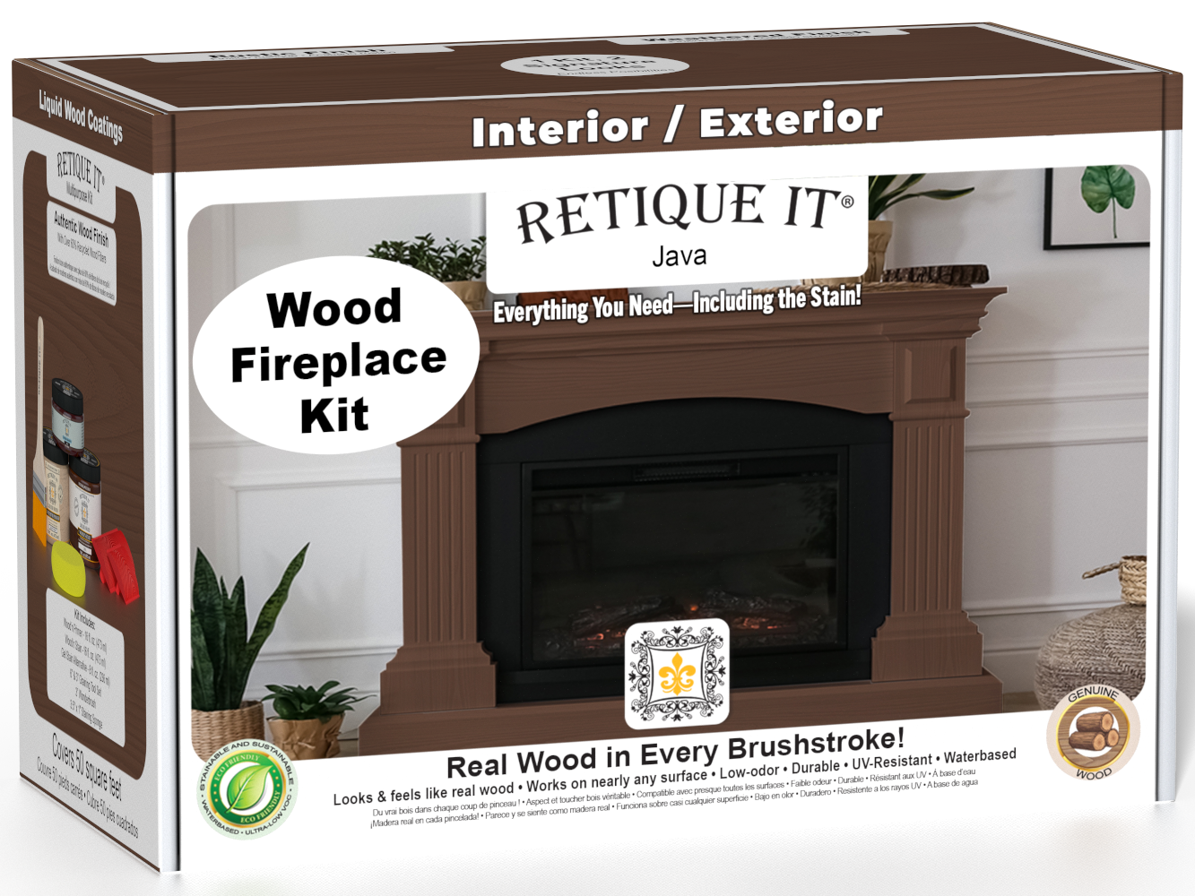 Retique It® Fireplace Wood'n Finish Kit in Java stain for full fireplace, showing the box and product packaging.