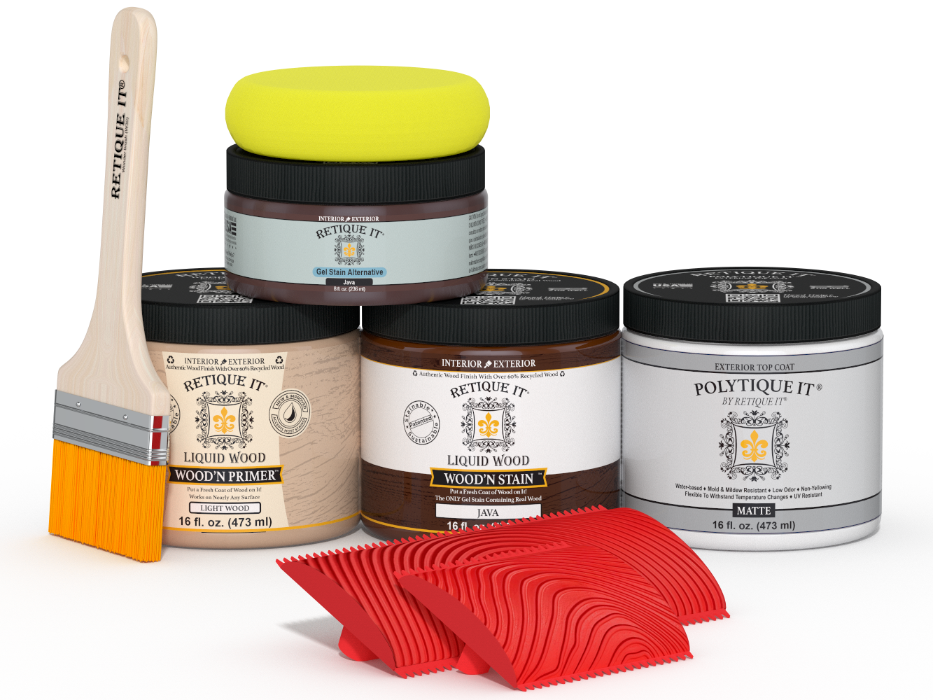 Retique It® Wood'n Finish Kit in Java for exterior wood, featuring a matte top coat and various application tools.