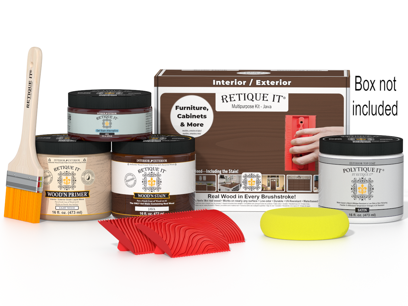 Retique It® Wood'n Finish Kit in Java for exterior wood projects, featuring multi-purpose top coat and application tools.