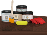 Retique It® Java countertop stain kit applied to kitchen island surface with a natural wood finish.