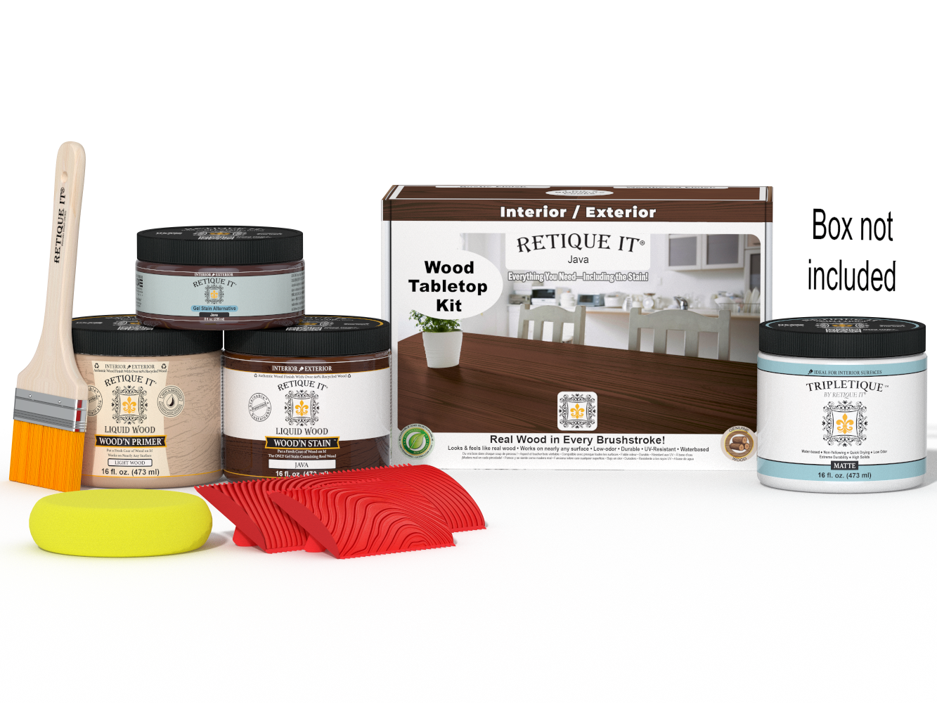 Retique It® Wood'n Finish Kit Double Size Java stain for tabletops, includes stain bottles and application tools.