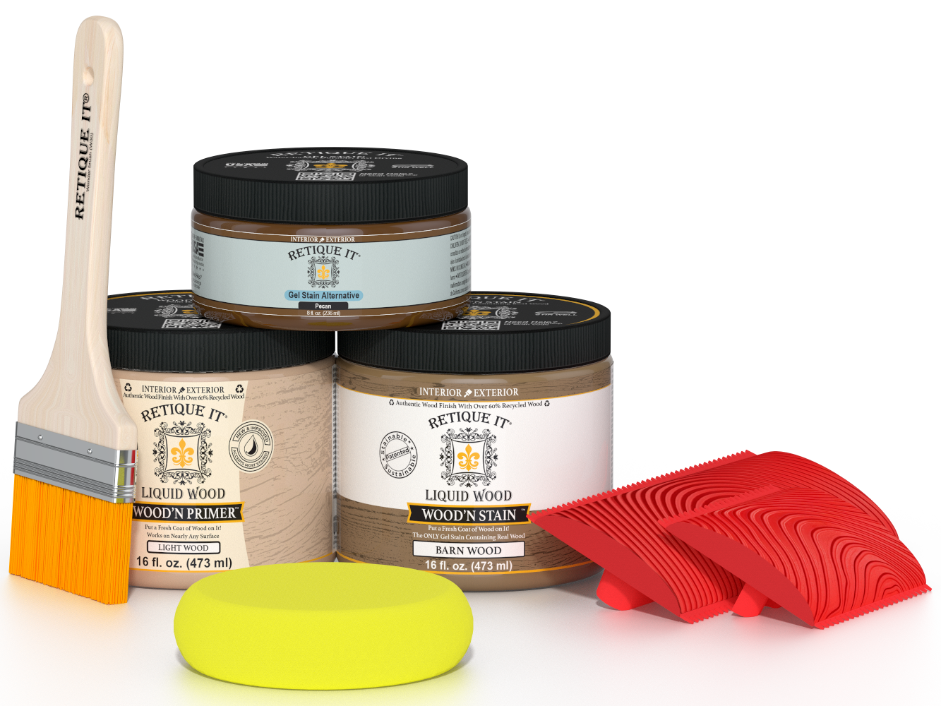Multi-purpose Wood'n Kit (Med) in Modern Walnut by Retique It® with finishing supplies and tools for wood projects.
