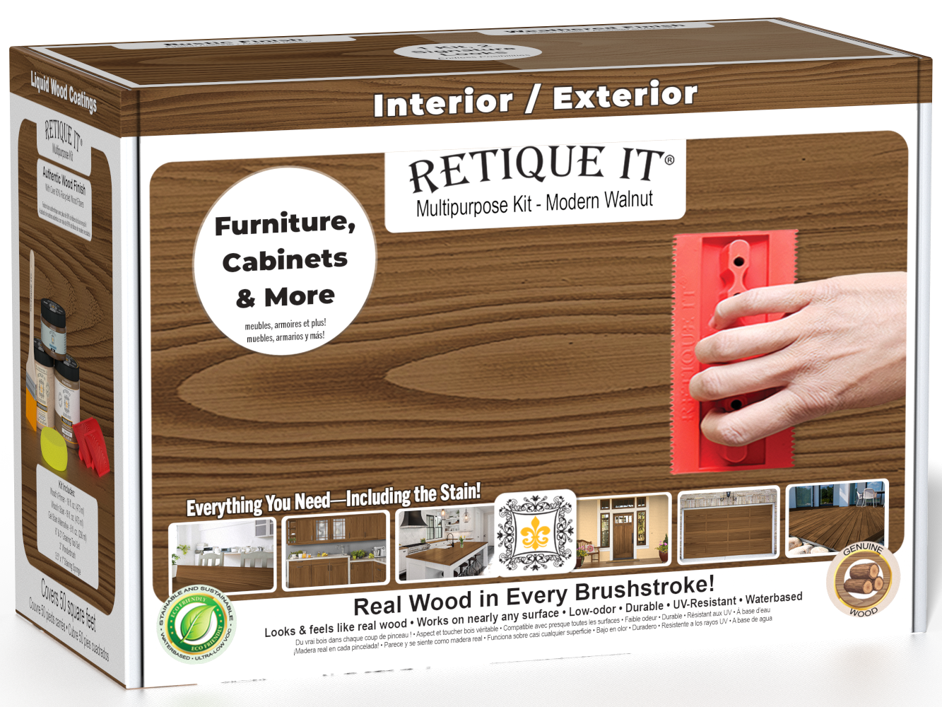 Retique It® Multi-purpose Wood'n Kit in Modern Walnut with exterior topcoat, shown in a box for wood finishing projects.