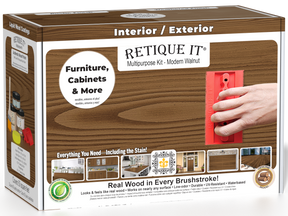 Retique It® Multi-purpose Wood'n Kit in Modern Walnut with exterior topcoat, shown in a box for wood finishing projects.