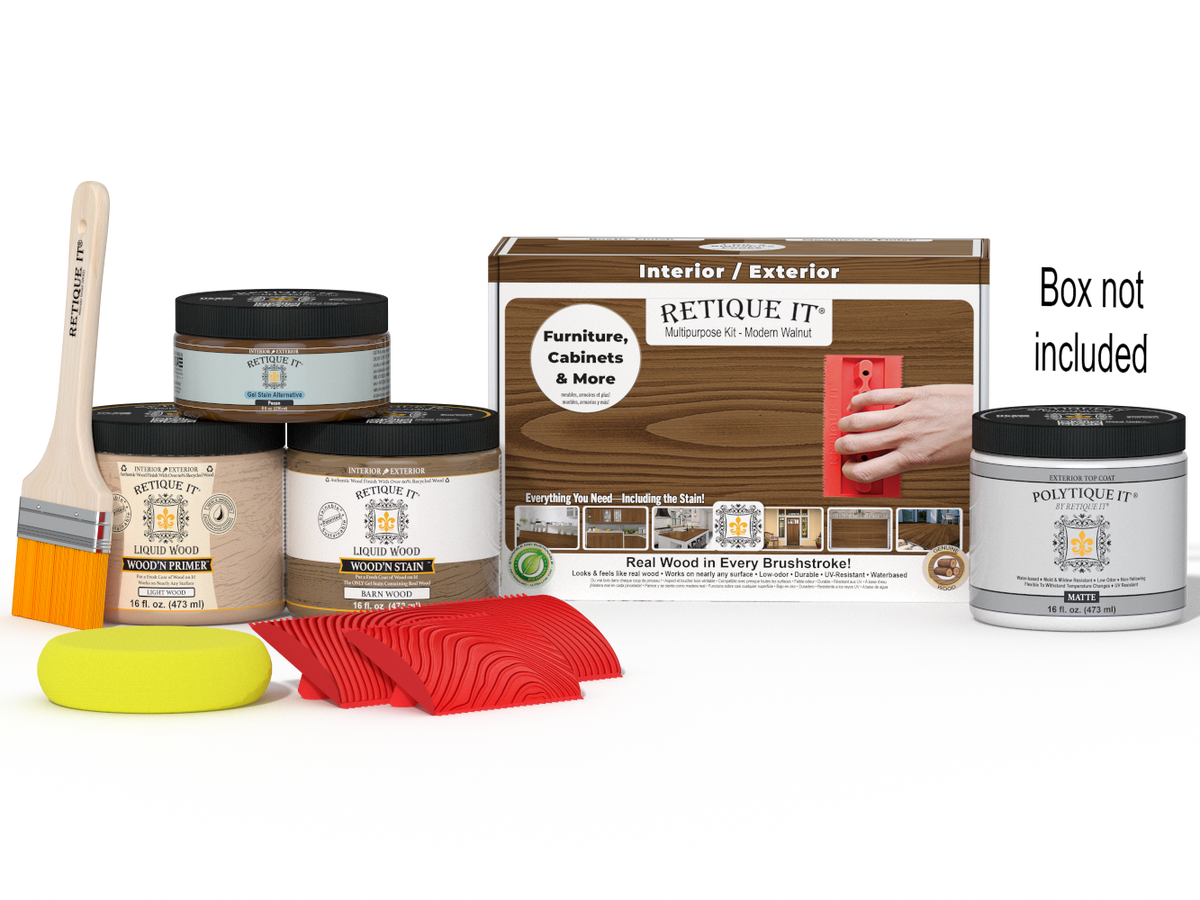 Retique It® Multi-purpose Wood'n Kit (Med) in Modern Walnut with exterior topcoat, includes finish and application tools.