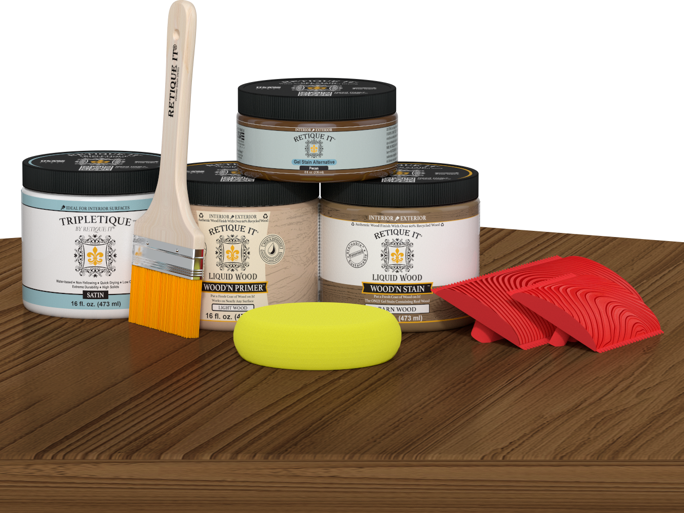 Retique It® Wood'n Kit in Modern Walnut for interior topcoat, shown on table with wood finish supplies and tools.