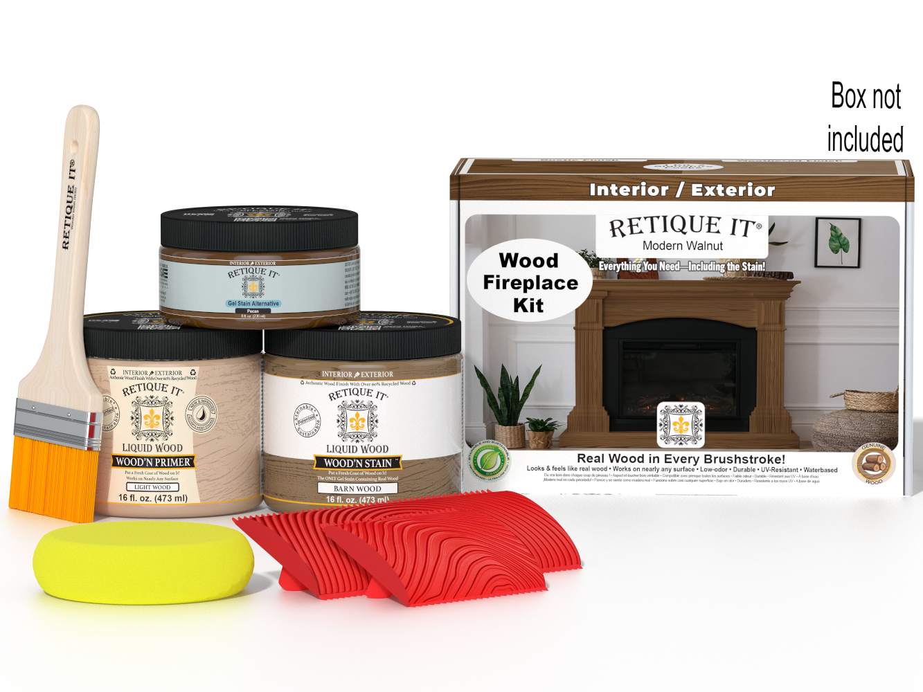 Retique It® Modern Walnut Wood Fireplace Kit with primer, stains, brush, yellow sponge, red graining tool set, and packaging.
