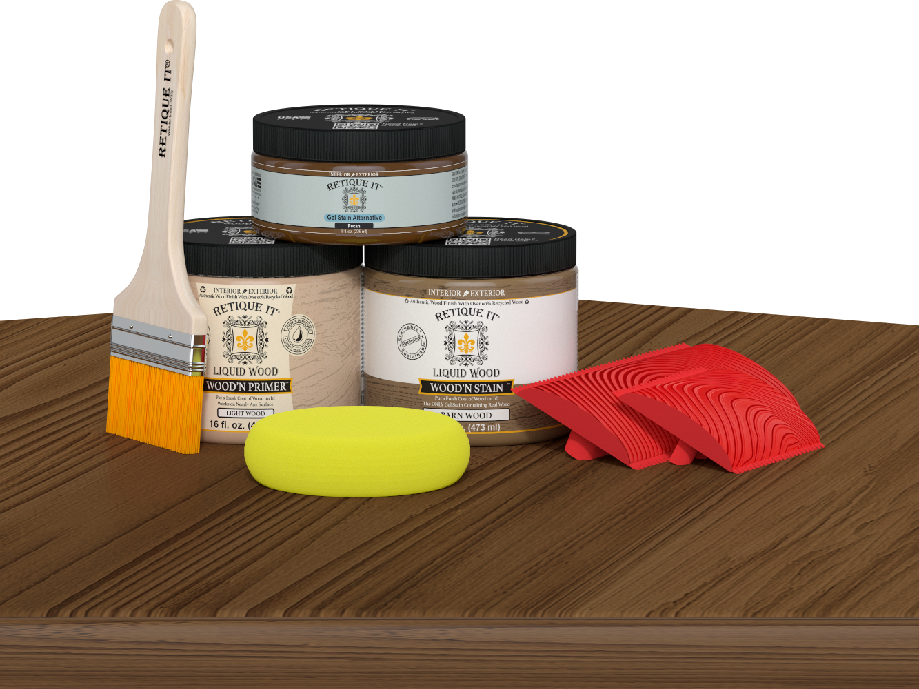 Multi-purpose Wood'n Kit in Modern Walnut by Retique It® on a table, showcasing the wood finish kit for furniture and projects.