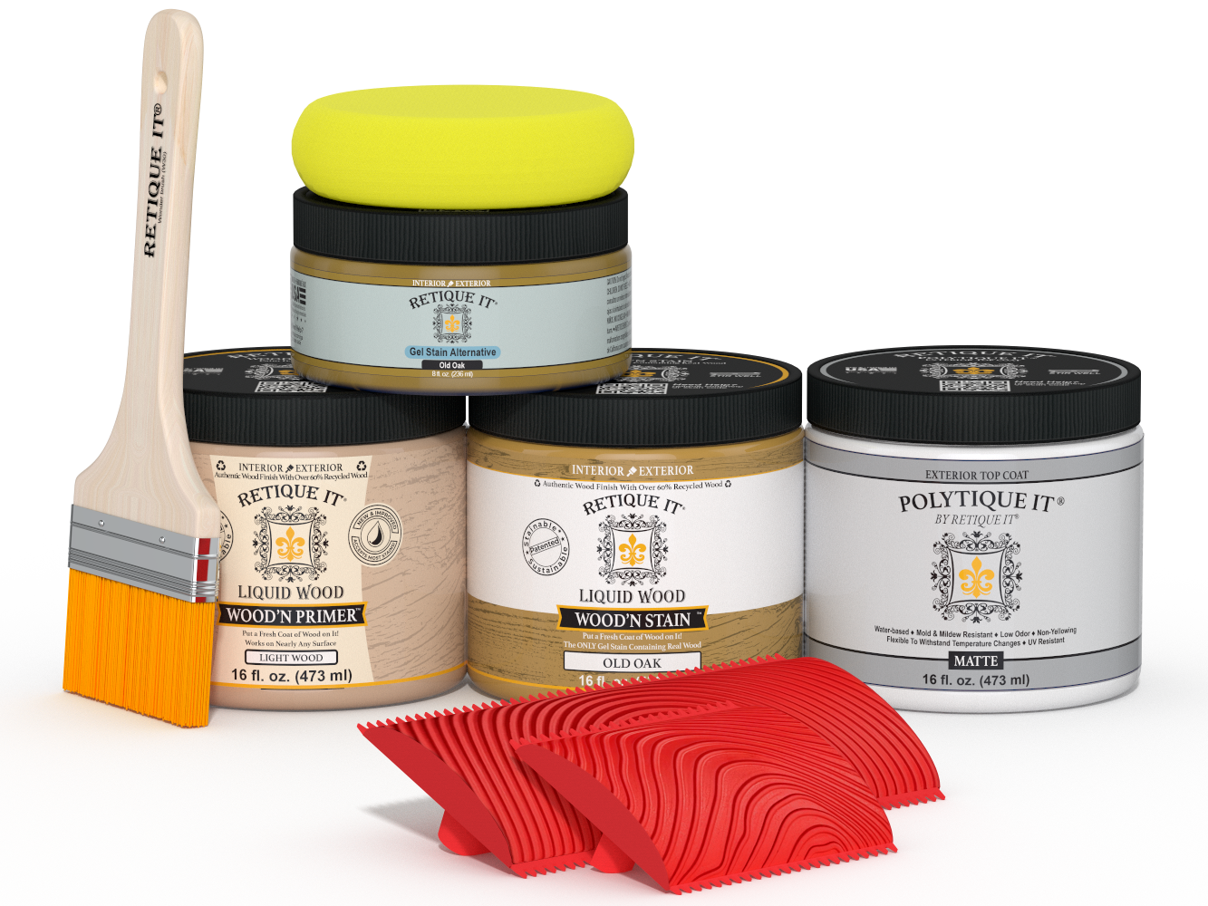 Retique It® Wood'n Finish Kit in Old Oak with matte exterior top coat, featuring multiple wood finishing tools and supplies.