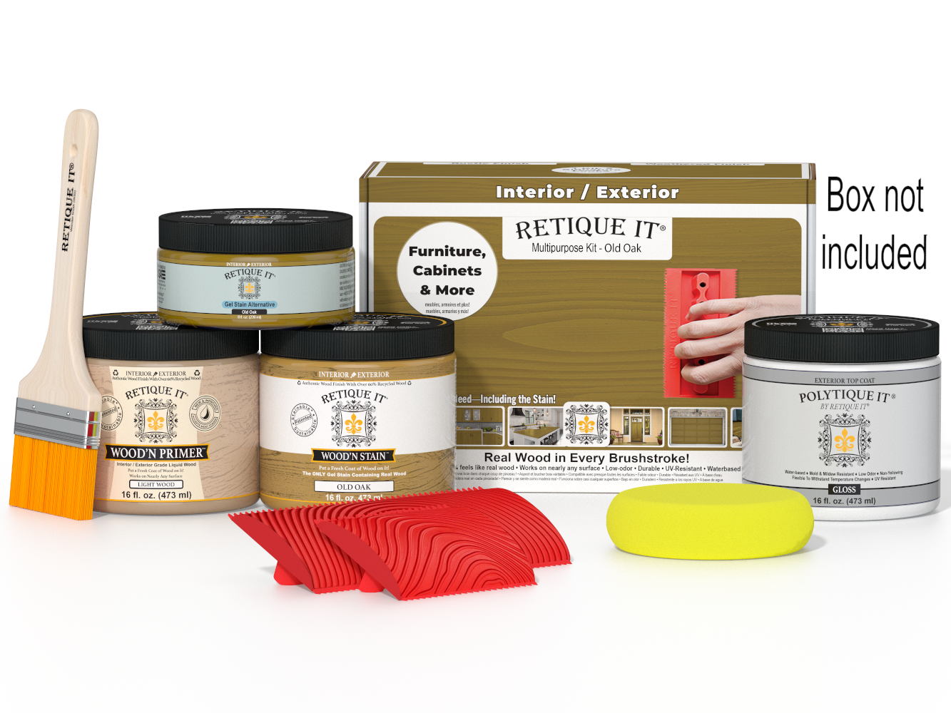 Retique It® Wood'n Finish Kit in Old Oak for exterior top coating, includes brushes and supplies in a boxed set.