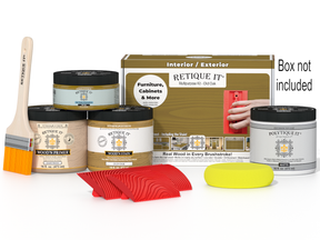 Retique It® Wood'n Finish Kit in Old Oak for exterior top coat, featuring brushes, brushes, and application tools in a box.