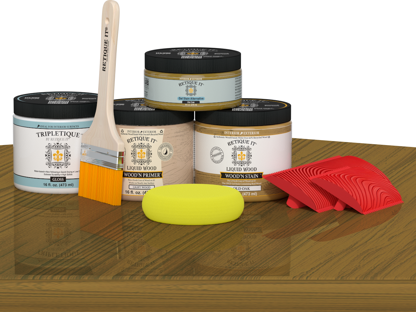 Retique It® Wood'n Finish Kit in Old Oak for tabletops, featuring stain bottles and applicator tools on a wooden surface