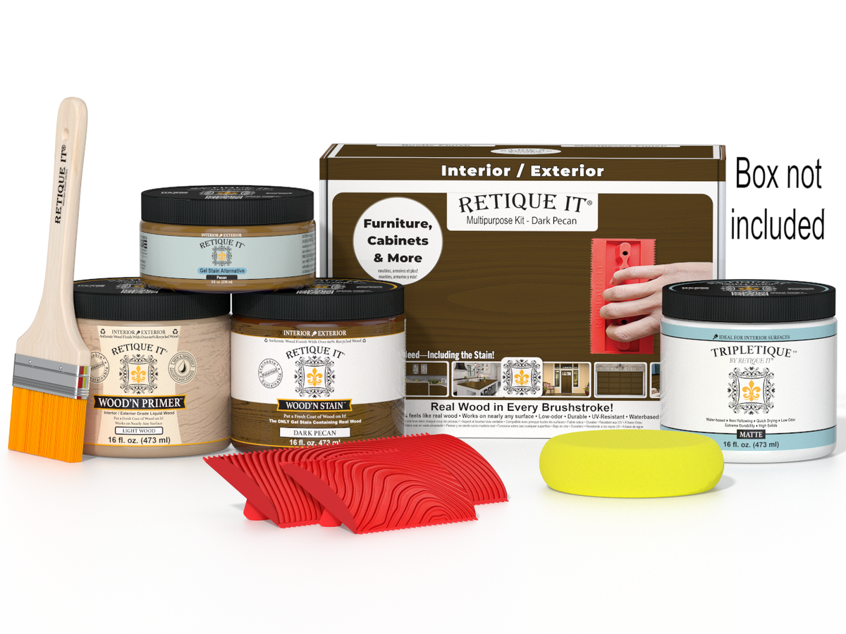 Retique It® Multi-purpose Wood'n Kit in Dark Pecan with interior top coat, featuring wood finish supplies in a box.