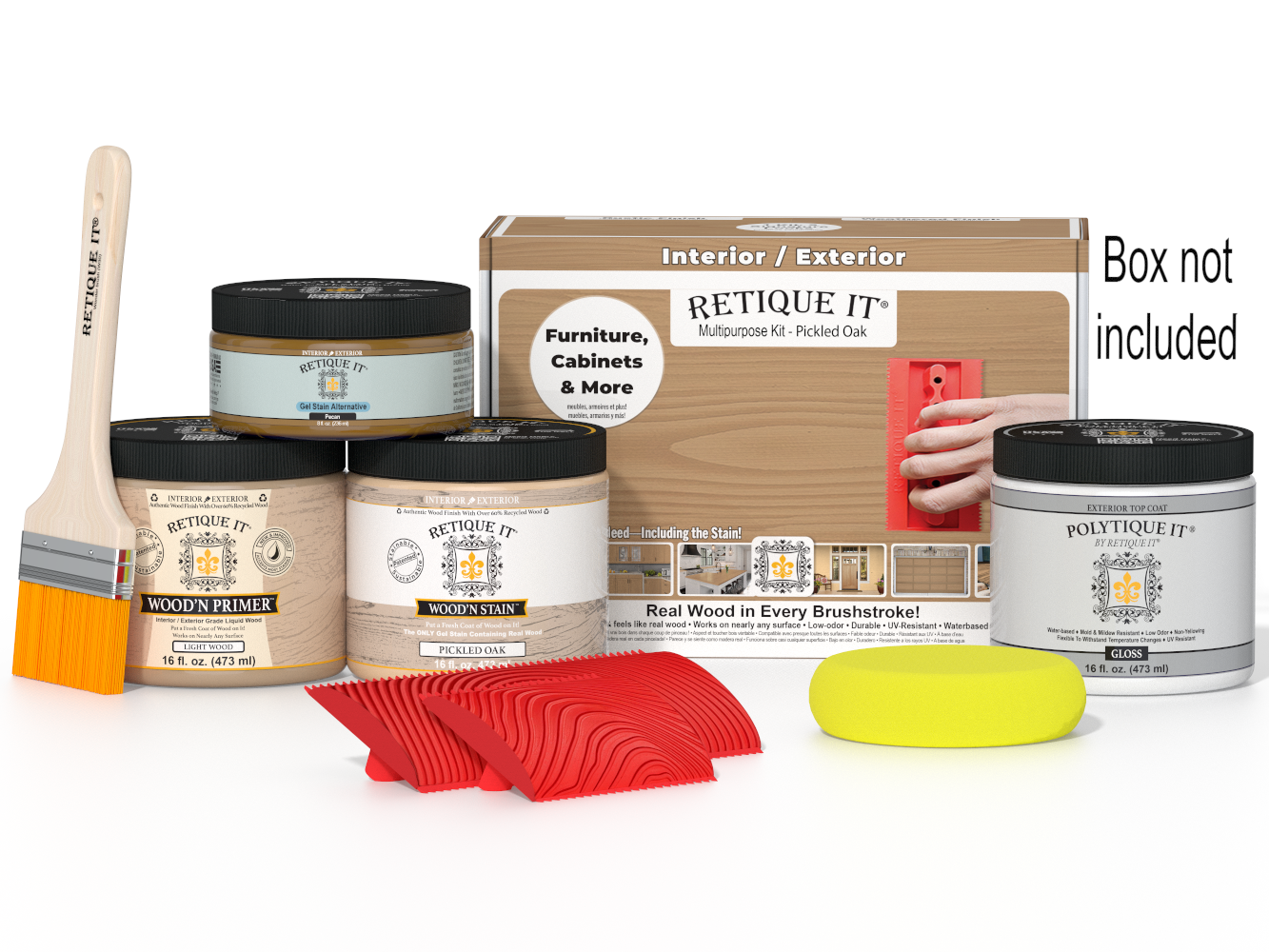 Retique It® Wood'n Kit in Pickled Oak for exterior top coat, featuring multi-purpose wood finish with brush and application tools.