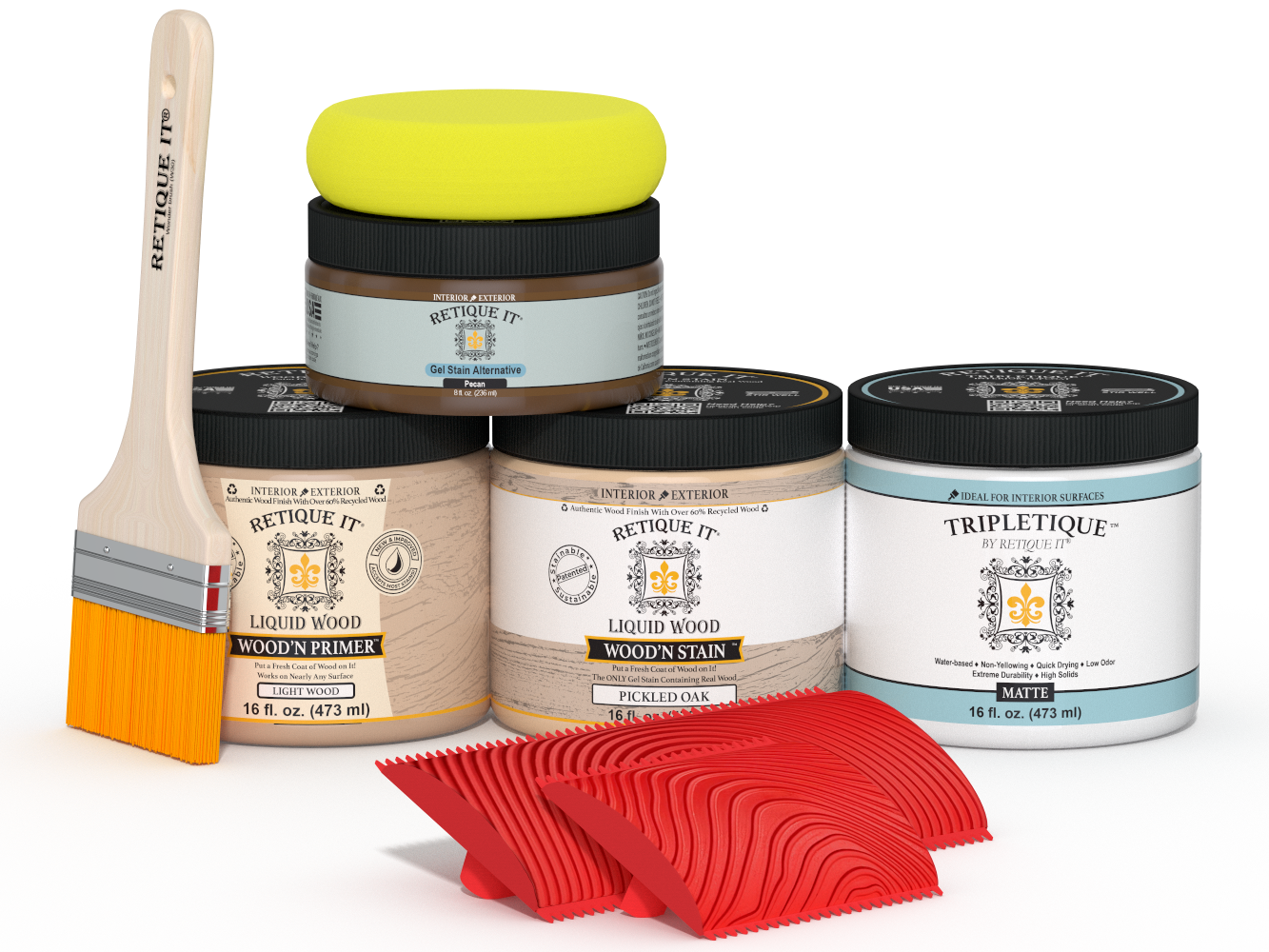 Retique It® Wood'n Kit in Pickled Oak for interior top coat, showing the matte finish and included application tools.