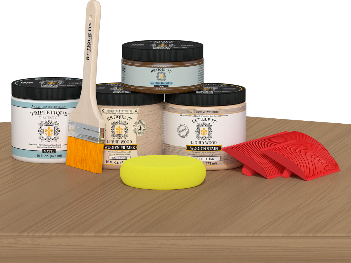Retique It® Wood'n Finish Kit in Pickled Oak stain, double size, shown on a tabletop surface, ideal for wood finishing projects.