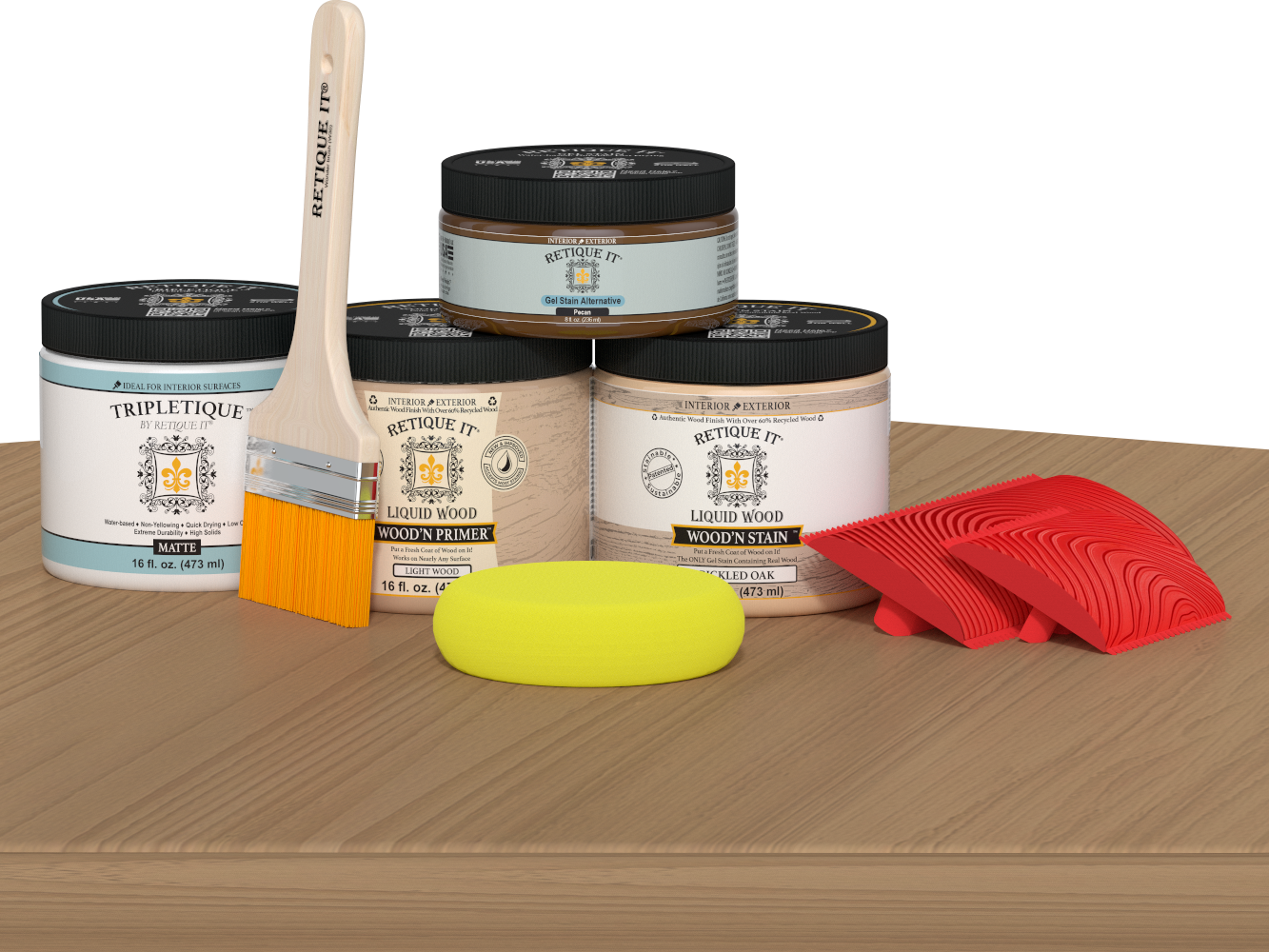 Retique It® Wood'n Finish Kit in Pickled Oak stain, double size, shown on a tabletop surface, ideal for wood finishing projects.
