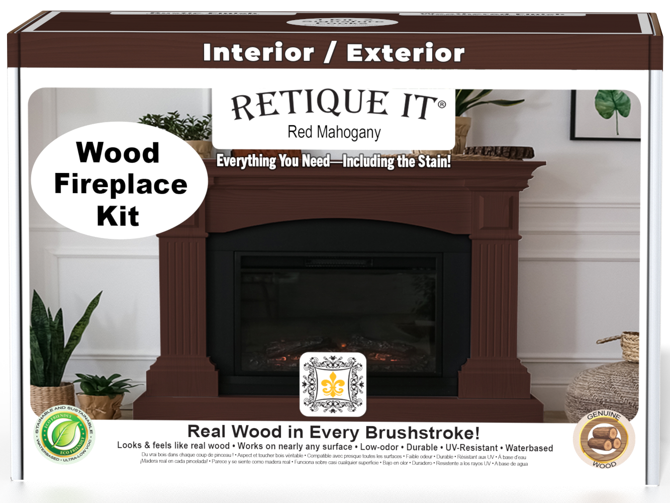 Retique It® Fireplace Wood'n Finish Kit in Red Mahogany stain, showing a full fireplace with wood finish options and kit components.