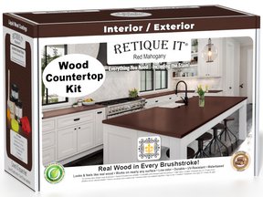 Retique It® red mahogany countertop kit for kitchen islands, featuring stain application and natural wood grain details.