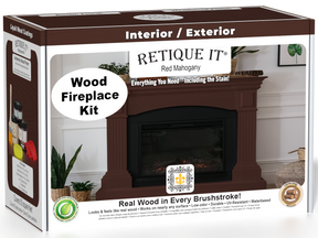 Retique It® Fireplace Wood'n Finish Kit in Red Mahogany stain, shown in a box with stain bottles and application tools.