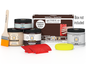 Retique It® Wood'n Finish Kit in Red Mahogany for exterior top coating, includes wood stain and protective finish in a compact box.