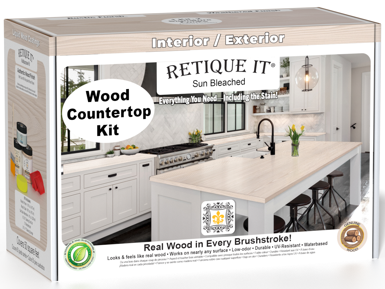Sun bleached wood finish kit for kitchen island countertops by Retique It® Wood'n Finish Kits, includes application tools and materials.