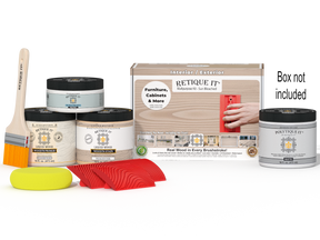 Sun bleached Multi-purpose Wood'n Kit by Retique It® for exterior wood finishing, includes top coat and application tools.