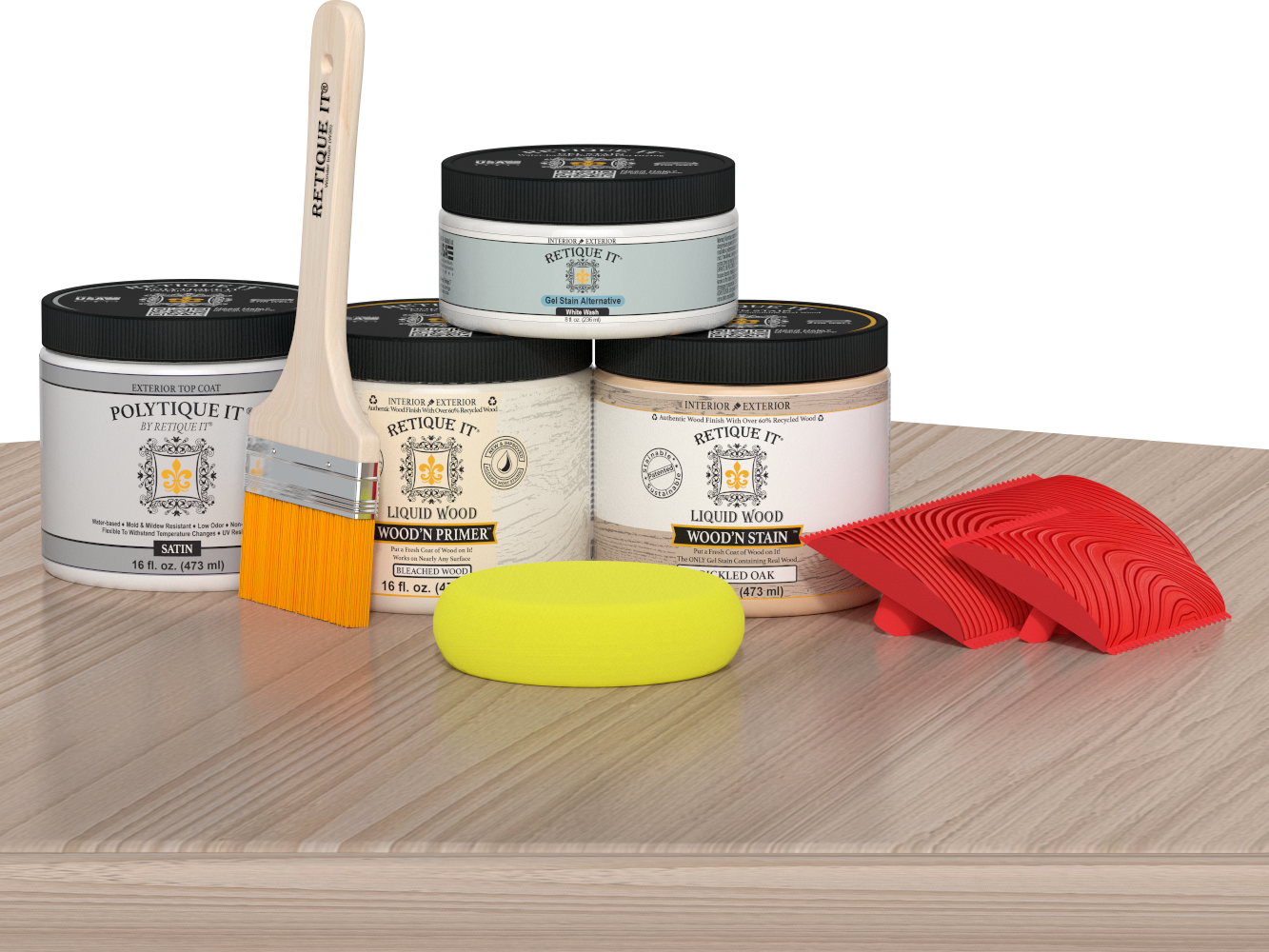 Sun-bleached Wood'n Kit (Med) by Retique It®, exterior top coat wood finish set with applicator on table.