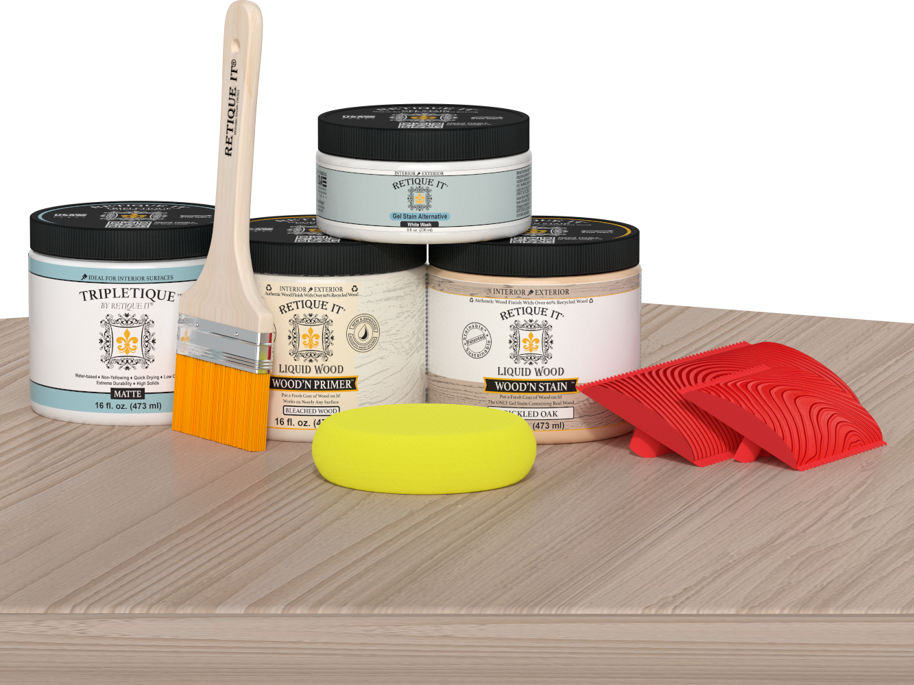 Retique It® Wood'n Finish Kit Double Size in Sun Bleached for tabletop wood finishing, includes wood stain and protective finish.