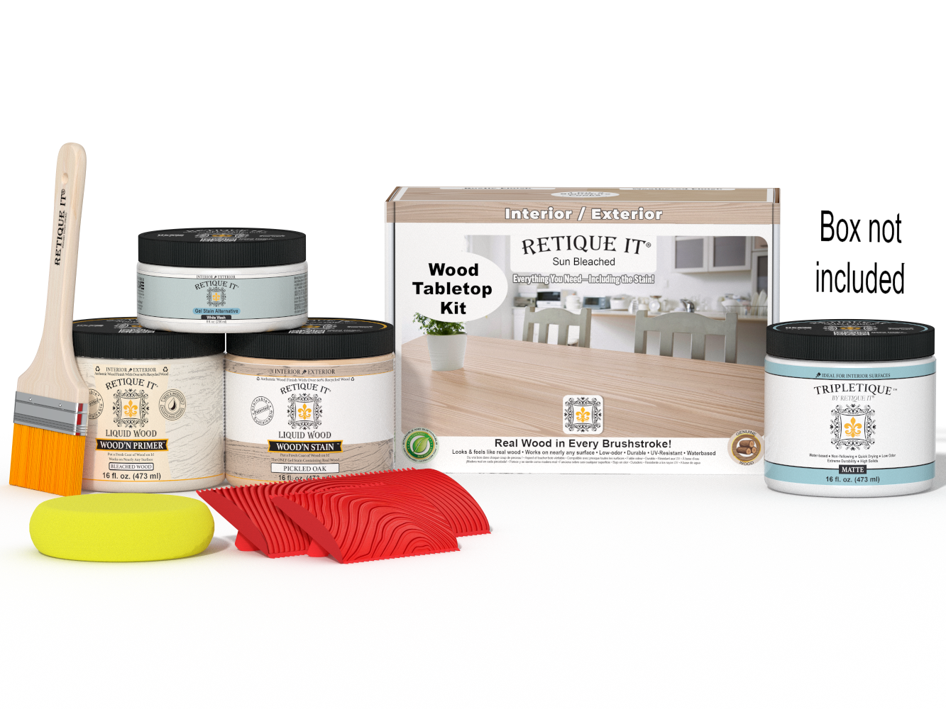 Retique It® Wood'n Finish Kit Double Size in Sun Bleached for tabletops, showing the kit with brushes and finishing products.