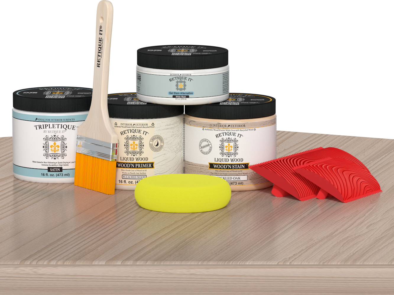 Sun-bleached Retique It Wood'n Finish Kit (Med) for interior projects, featuring a multi-purpose wood top coat on a table.