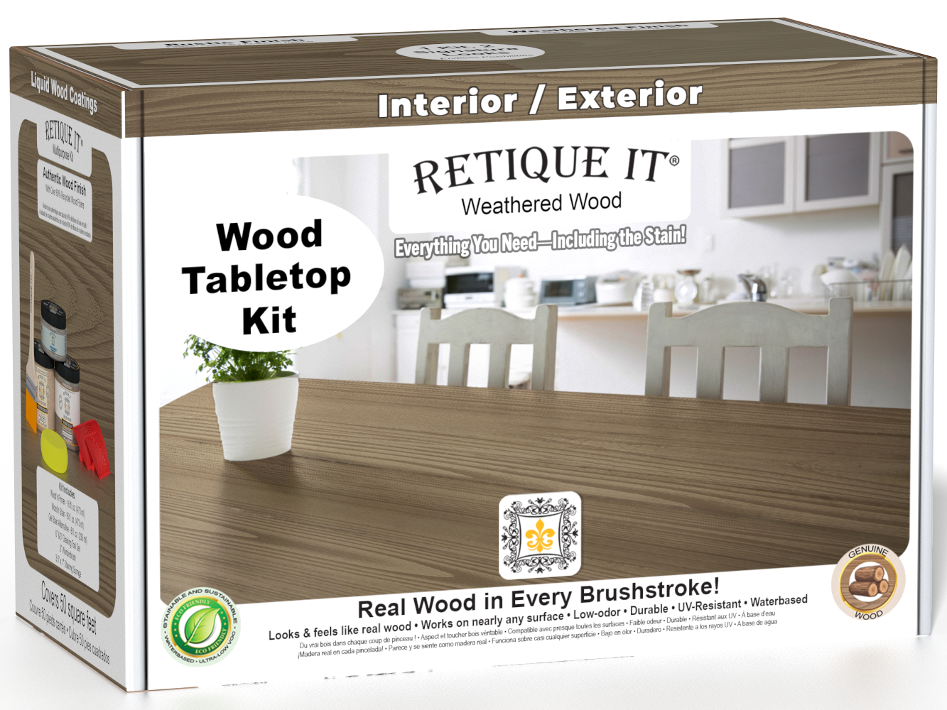Retique It® Wood'n Finish Kit double size in Weathered Wood stain for tabletops, featuring wood stain and finishing supplies.