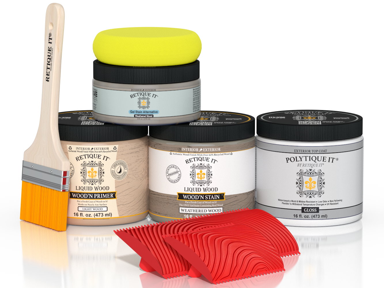 Retique It® Wood'n Kit in Weathered Wood finish, featuring a glossy exterior top coat for multi-purpose wood finishing projects.