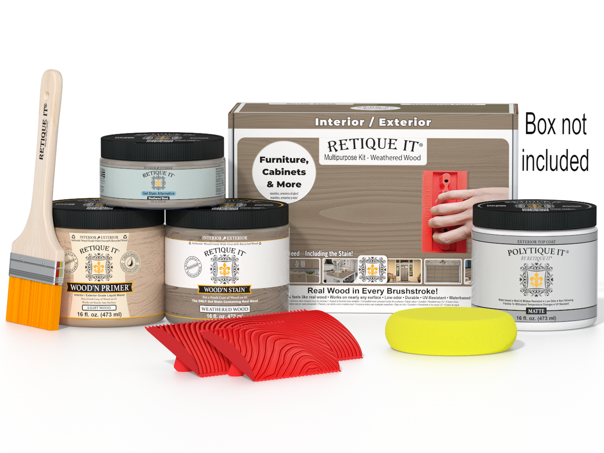 Retique It® Wood'n Kit Medium Weathered Wood exterior top coat with brush and tools in a box for wood finishing projects.