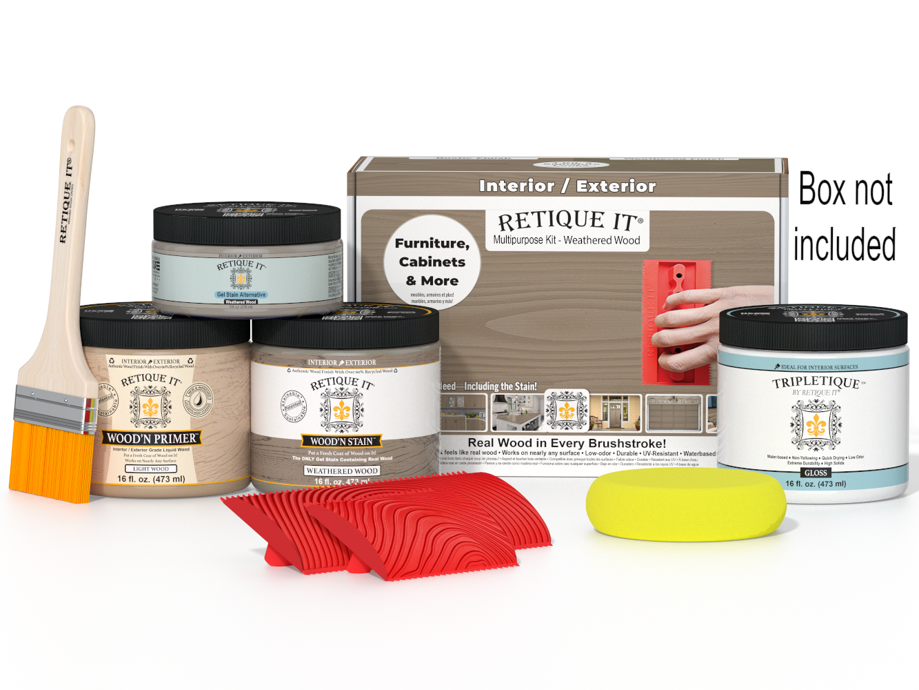 Retique It® Wood'n Finish Kit in Weathered Wood for interior top coat, showing the box and product packaging.