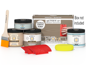 Retique It® Wood'n Finish Kit in Weathered Wood for interior top coat, showing the box and product packaging.