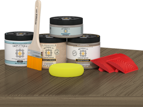Retique It® Wood'n Finish Kit in Weathered Wood stain showing a double-sized stain kit with wood samples and application tools.