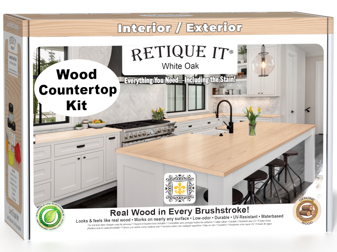 White oak kitchen island countertop kit by Retique It® featuring stains, shown with a 3D box design and smooth surface.