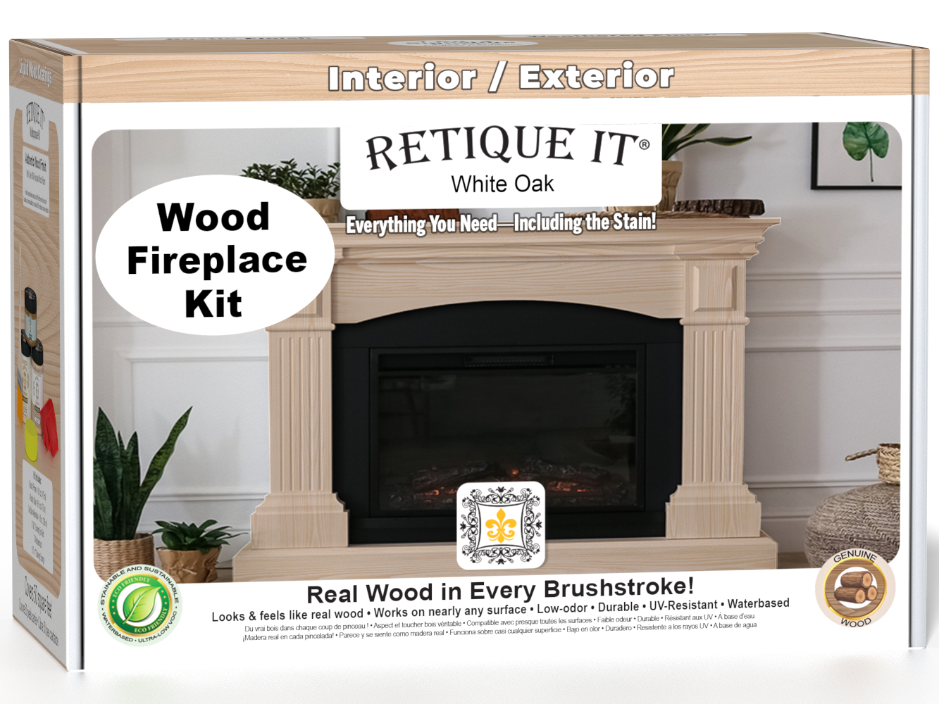 Retique It® Fireplace Wood'n Finish Kit in White Oak stain, featuring a full fireplace with wood finish options.