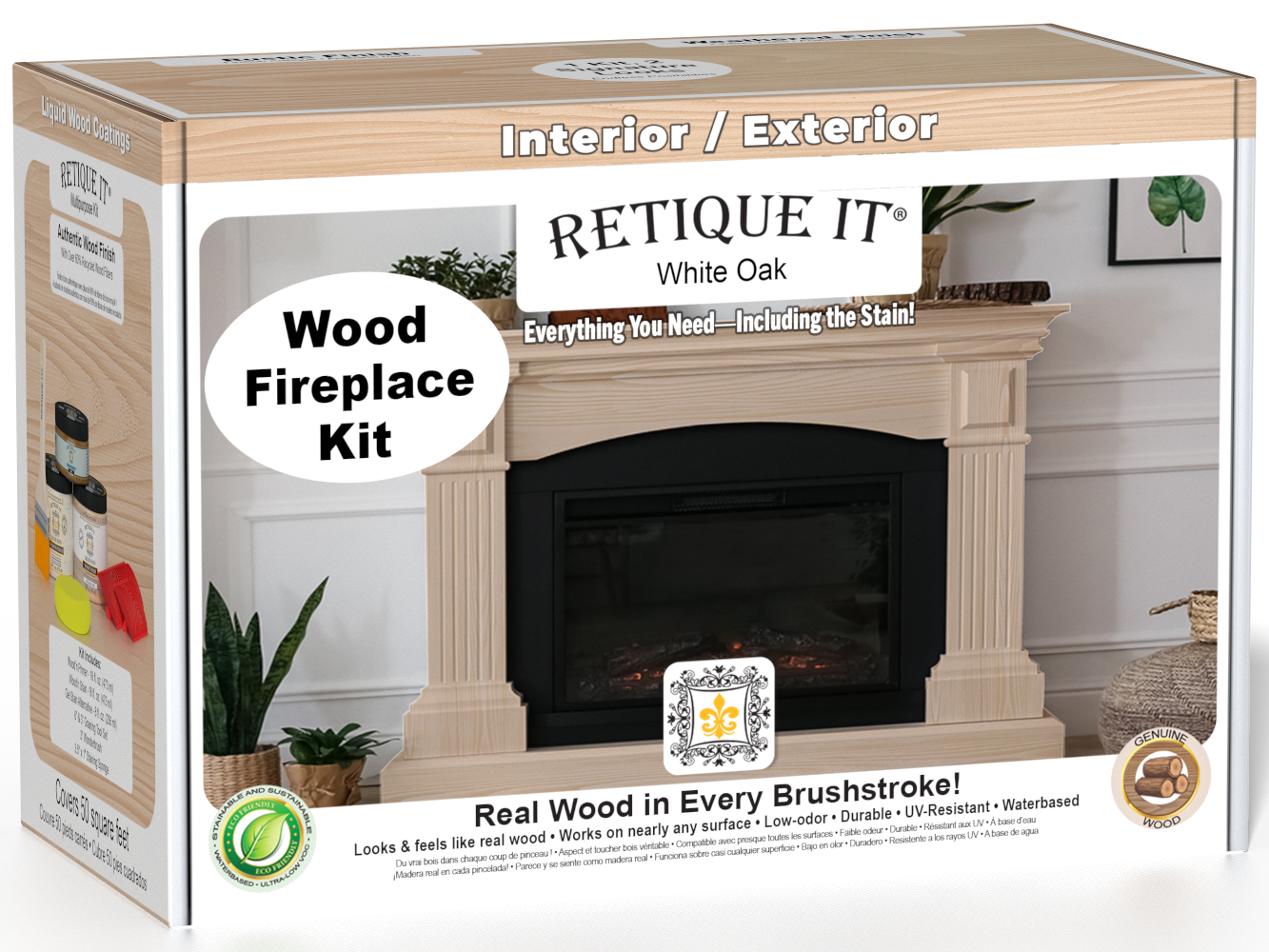 Retique It® Fireplace Wood'n Finish Kit in White Oak stain, featuring wood stain and finishing supplies for full fireplace projects.