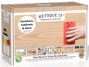 Retique It® Wood'n Kit Medium White Oak exterior top coat with wood finish kit in a box, showcasing the product packaging and wood sample.
