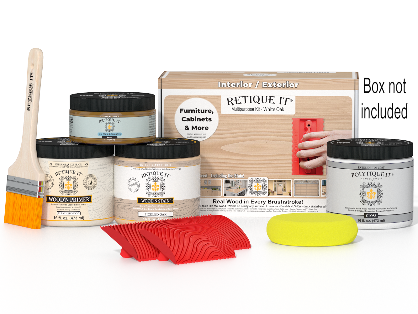 Retique It Wood'n Finish Kit in Walnut with a container and brush, designed for wood finishing projects.