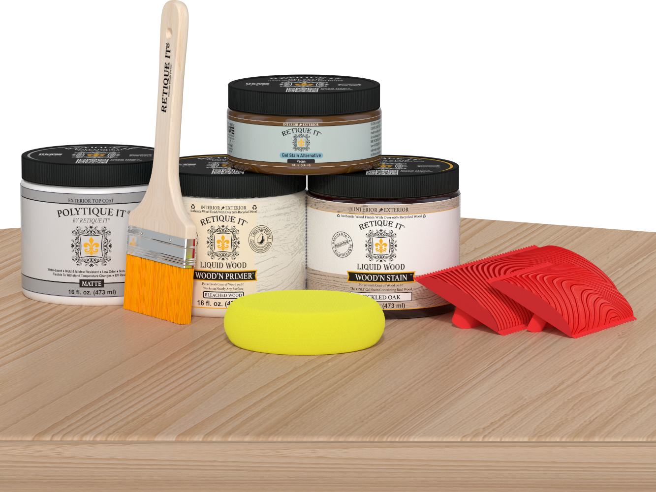 Retique It® Wood'n Finish Kit in White Oak for exterior top coating, featuring applicator and wood sample on a table.
