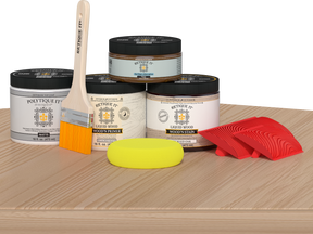 Retique It® Wood'n Finish Kit in White Oak for exterior top coating, featuring applicator and wood sample on a table.